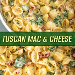 A collage of creamy Tuscan Mac and Cheese with spinach and sundried tomatoes.