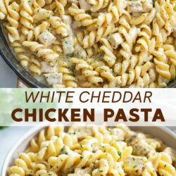 A collage of White Cheddar Chicken Pasta in a skillet and in a bowl.
