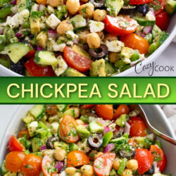 A collage of Chickpea Salad in a white bowl with vegetables, feta, and dressing.