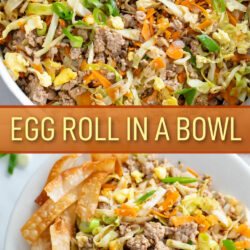 A collage of Egg Roll in a Bowl in a skillet and in a white bowl.