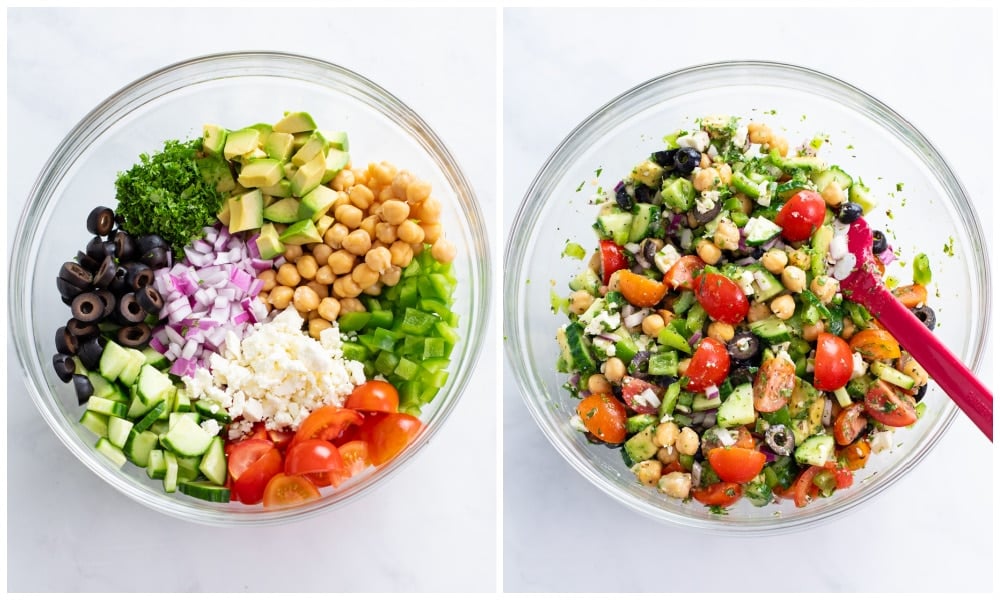 Ingredients for Chickpea Salad in a glass bowl before and after being mixed together.