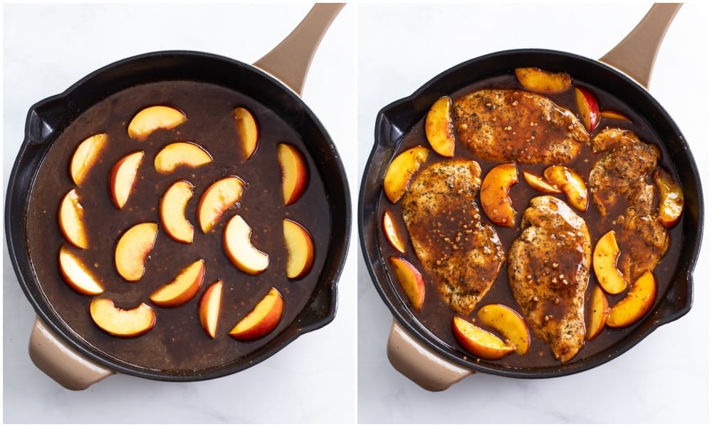 Adding peaches and chicken to a skillet to make Peach Chicken.