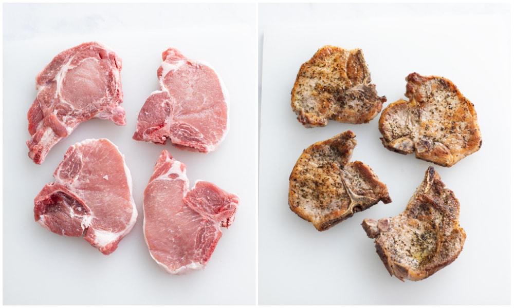 Center Cut Pork Chops before and after being seared.