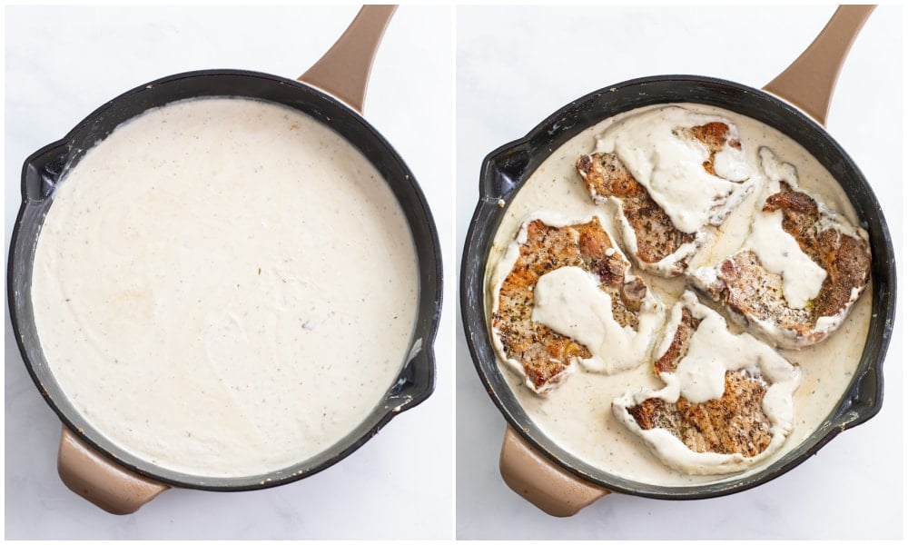 Ranch Sauce in a skillet with pork chops added.
