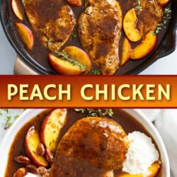 A collage of peach chicken in a skillet and on a plate.