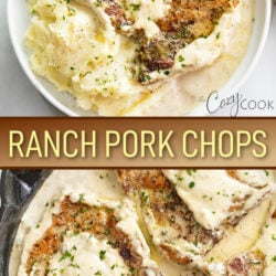 A collage of Ranch Pork Chops on a plate and in a skillet.