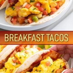 A collage of Breakfast Tacos with eggs, bacon, and potatoes in a flour tortilla.