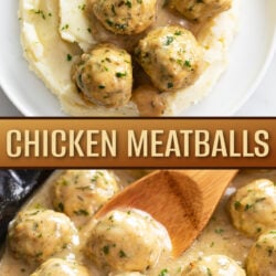 A collage of Chicken Meatballs on a white plate and in a skillet.