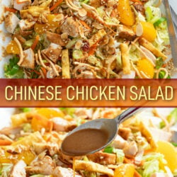 A collage of Chinese Chicken Salad on a platter with dressing drizzled on top.