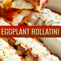 A collage of Eggplant Rollatini in a casserole dish and on a spatula.