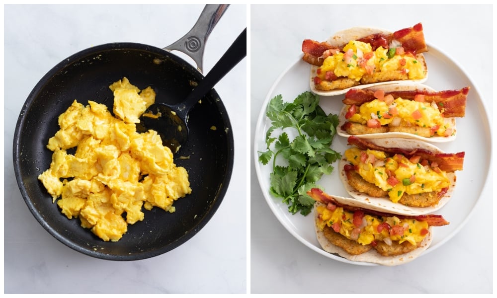 A skillet of scrambled eggs next to a plate of Breakfast Tacos.