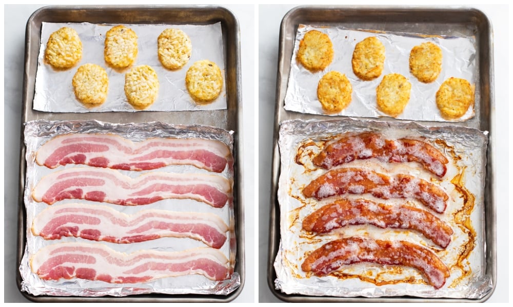 A baking sheet with hashbrowns and bacon before and after being baked in the oven.
