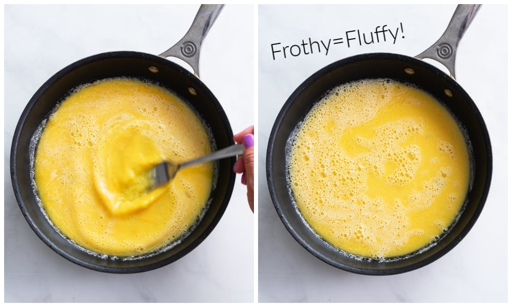 Whisking eggs in a skillet to make fluffy scrambled eggs.