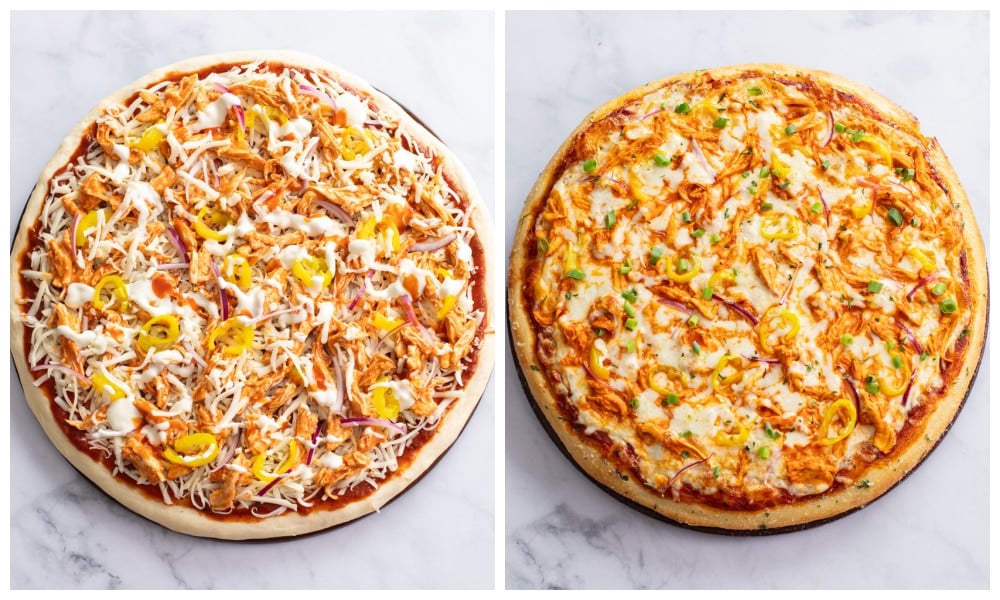 Buffalo Chicken Pizza on a pizza stone before and after baking.