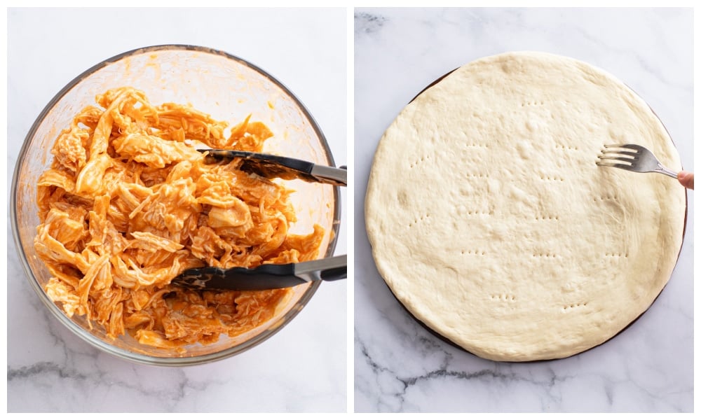 A bowl of shredded Buffalo Chicken next to a pizza stone with pizza dough on it.