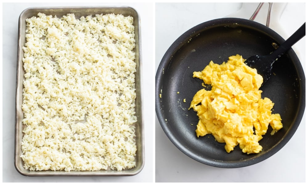 A tray of white rice next to a skillet of scrambled eggs to make fried rice.