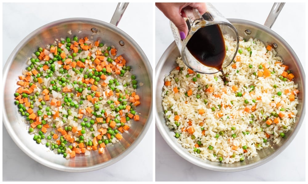 A skillet of onions, carrots, and peas next to a skillet of rice and vegetables with sauce being added.