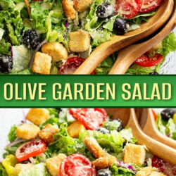 A collage of Olive Garden Salad in a bowl with salad dressing.