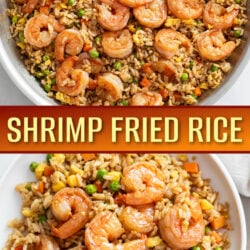 A collage of Shrimp Fried Rice in a skillet and on a plate.