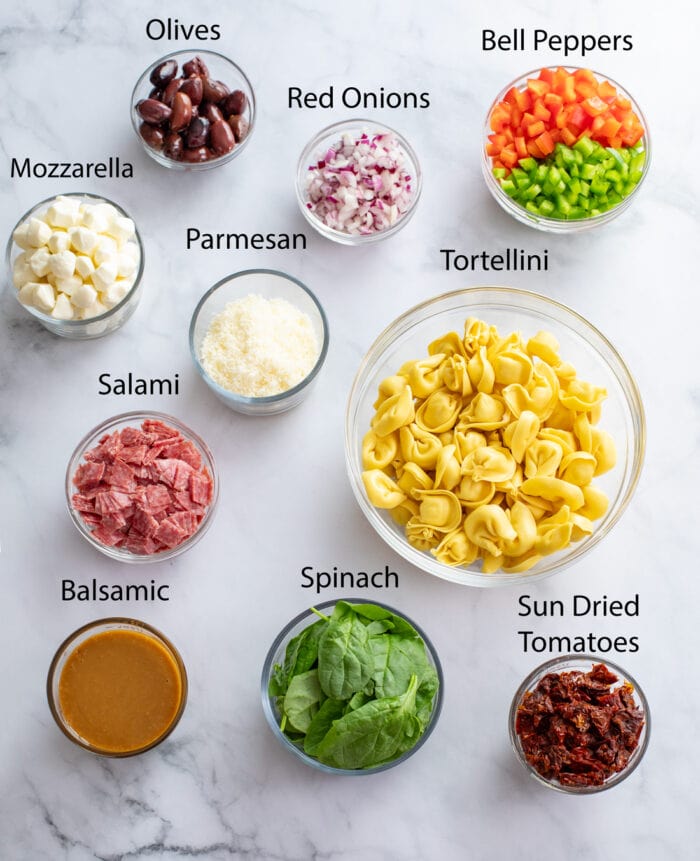 Labeled ingredients for Tortellini Pasta Salad on a white surface.