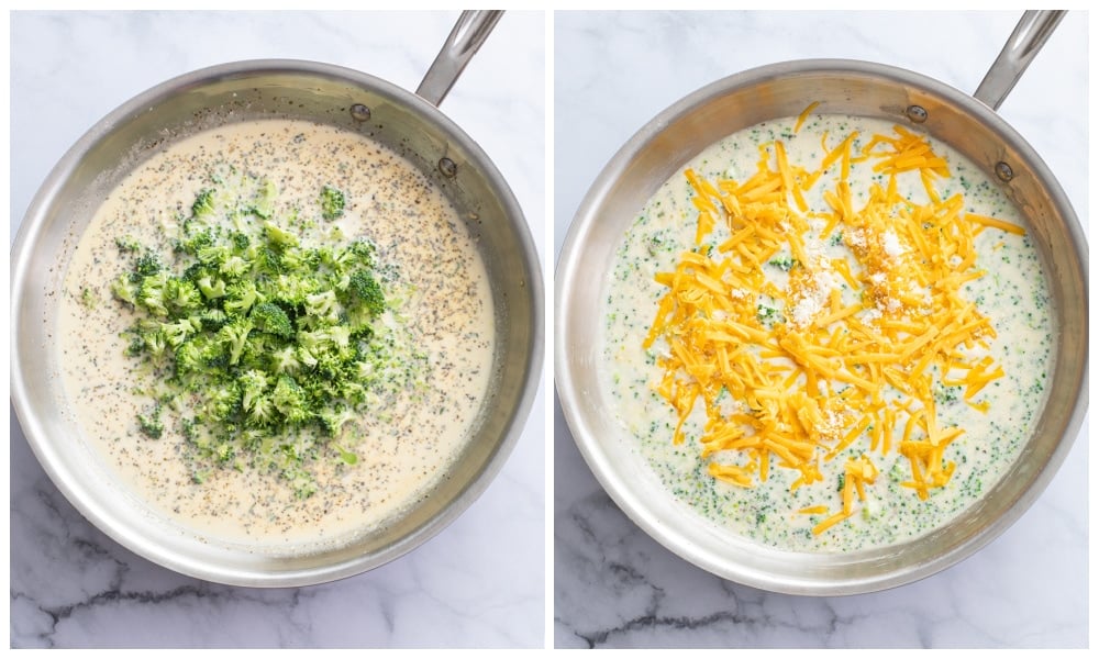 Adding broccoli and cheese to a skillet to make broccoli cheese sauce.