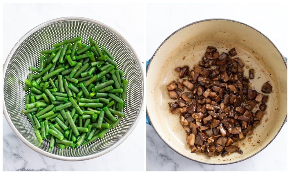 Green beans in a colander next to a Dutch oven with cooked mushrooms.