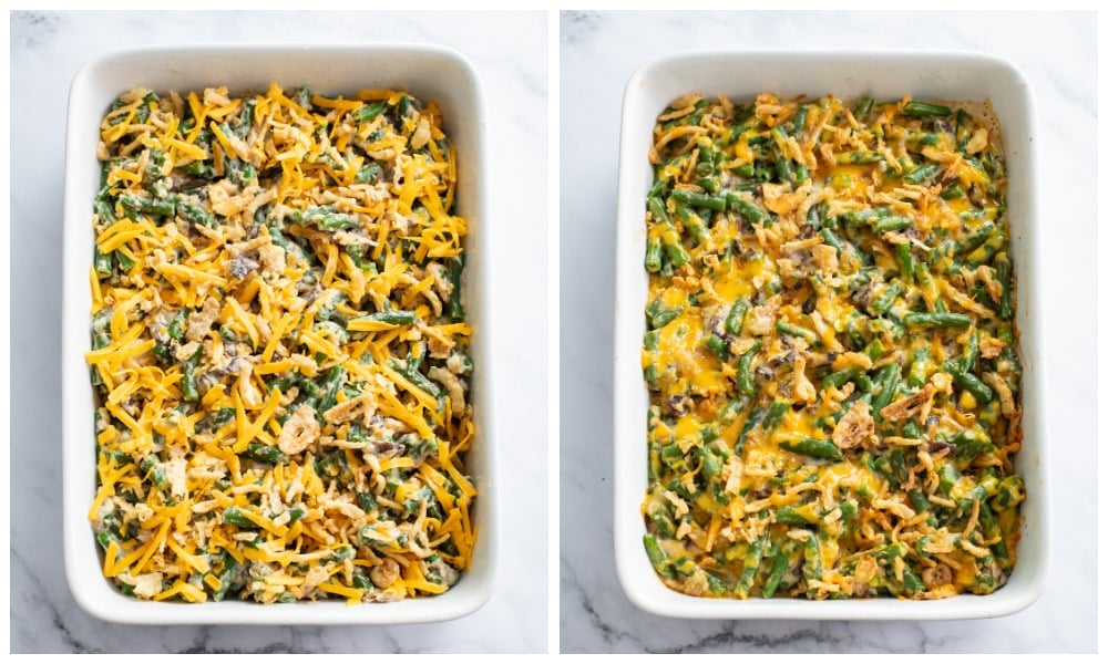 Green Bean Casserole in a baking dish before and after being baked.