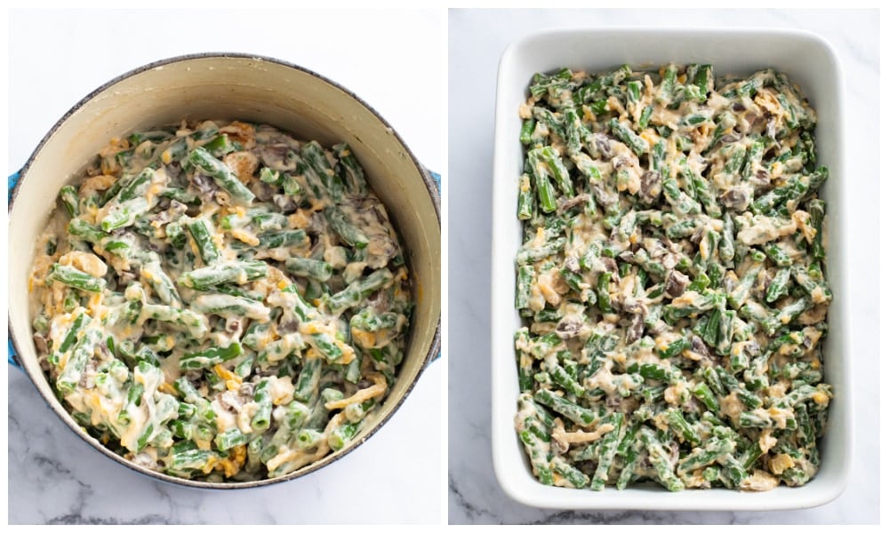 Green bean casserole in a Dutch oven and in a casserole dish before being baked.