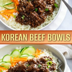 A collage of Korean Beef Bowls in a white bowl with rice, cucumbers, and carrots.