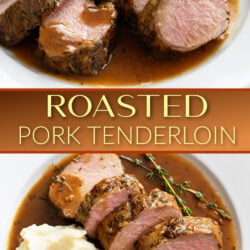 A collage of Roasted Pork Tenderloin on a plate with pan sauce and mashed potatoes.
