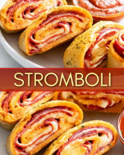 A collage of Stromboli on a plate with cheese and meat fillings.