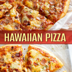 A collage of Hawaiian Pizza cut into slices with ham, bacon, and pineapple.