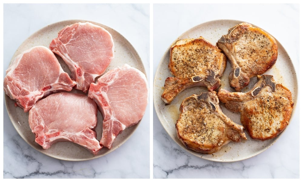 Pork Chops on a plate before and after being seasoned and seared.
