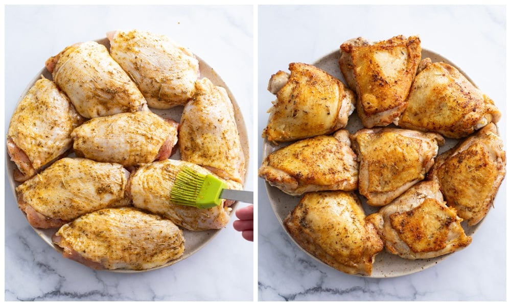 A plate of seasoned chicken thighs before and after being seared.