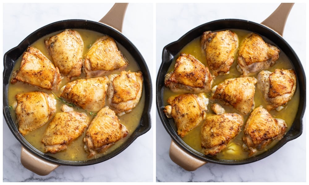 Chicken thighs in a skillet with sauce before and after being baked.