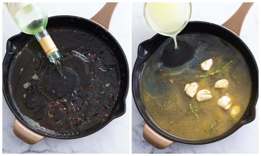Making a pan sauce in a skillet with wine, broth, garlic, and thyme.