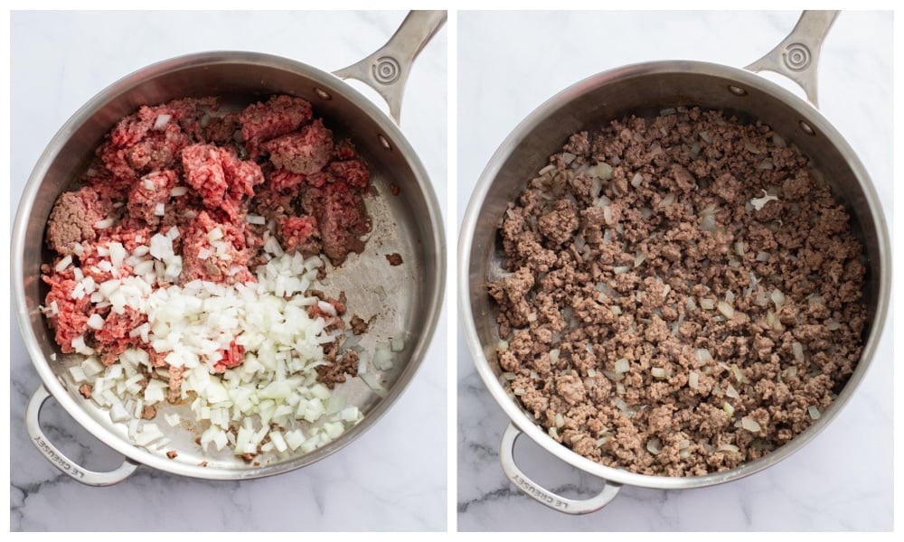 A skillet of ground beef and onions before and after being cooked.