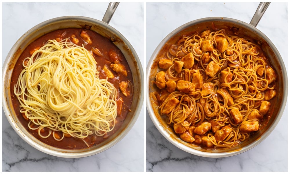 Adding spaghetti to a red scallopini sauce.