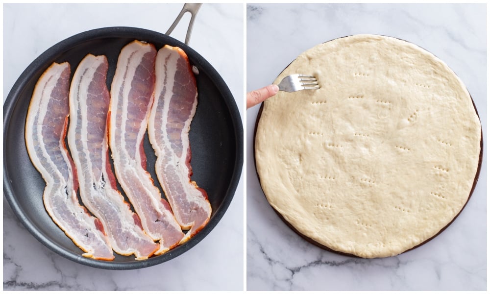 Cooking bacon in a skillet next to pizza dough on a pizza stone.