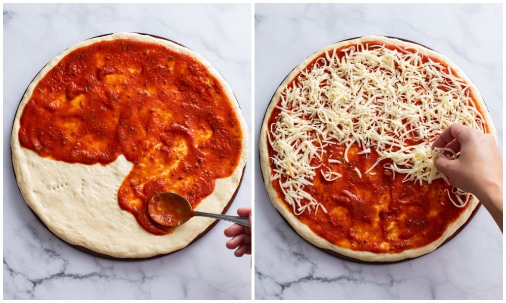 Spreading sauce and adding mozzarella cheese on top of pizza dough.