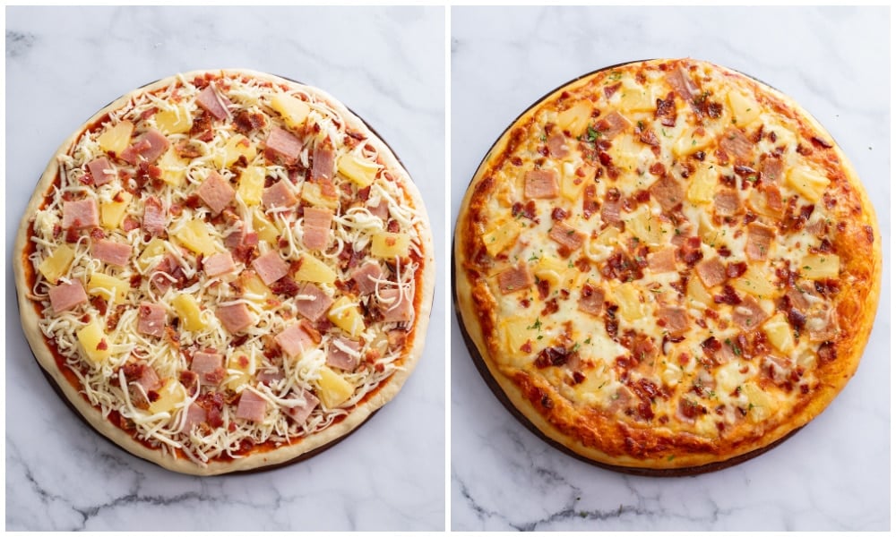 Hawaiian Pizza with pineapple, cheese, bacon, and ham before and after baking.