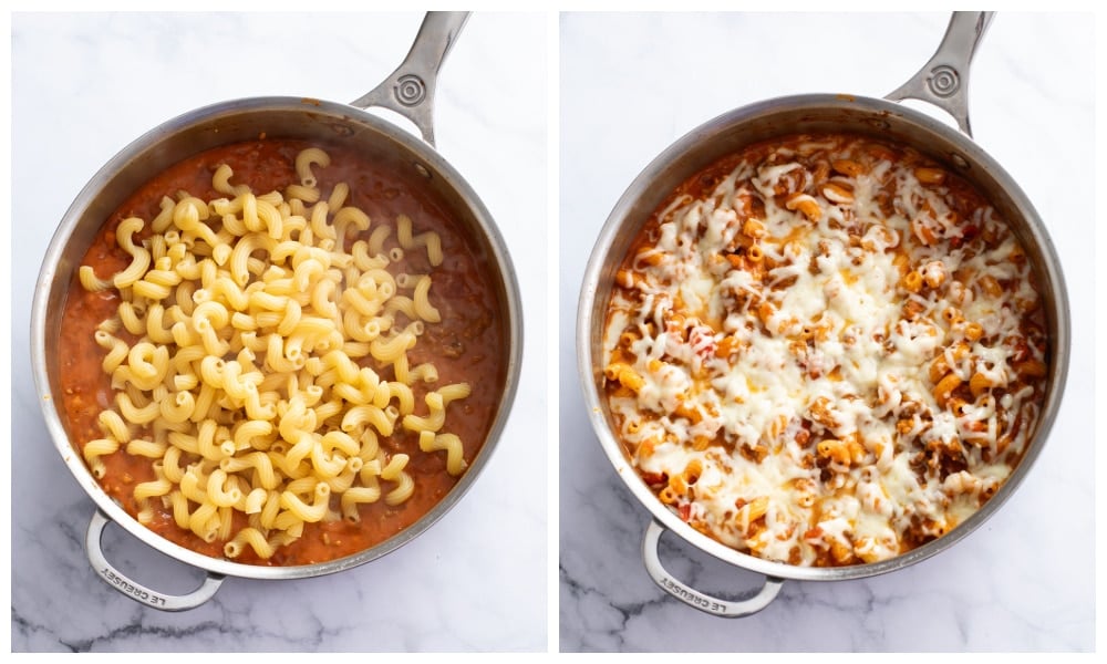 Adding cavatappi pasta to sauce next to a skillet with mozzarella cheese on top.