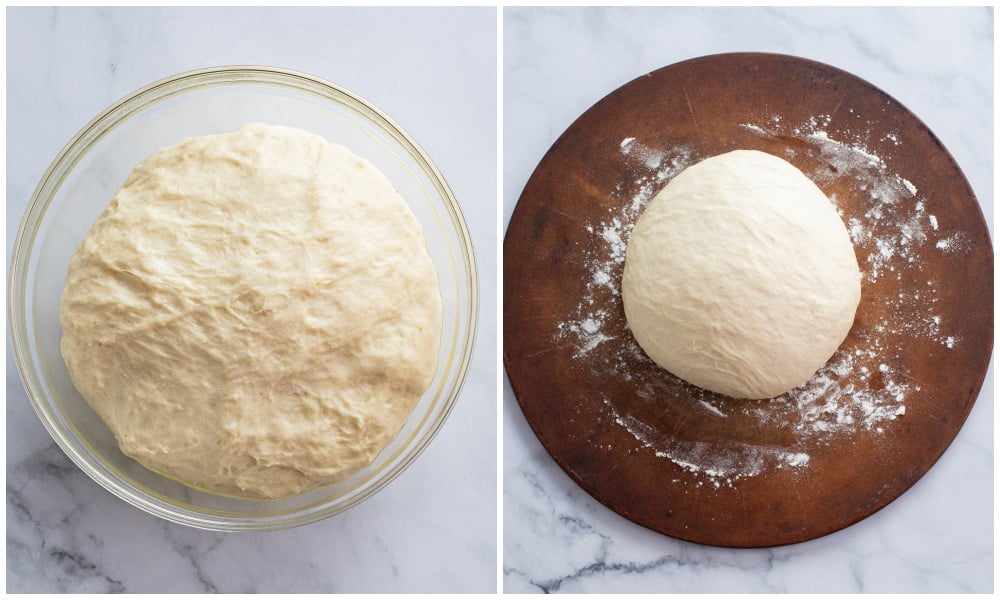 A bowl of pizza dough after rising next to a ball of pizza dough on a pizza stone.