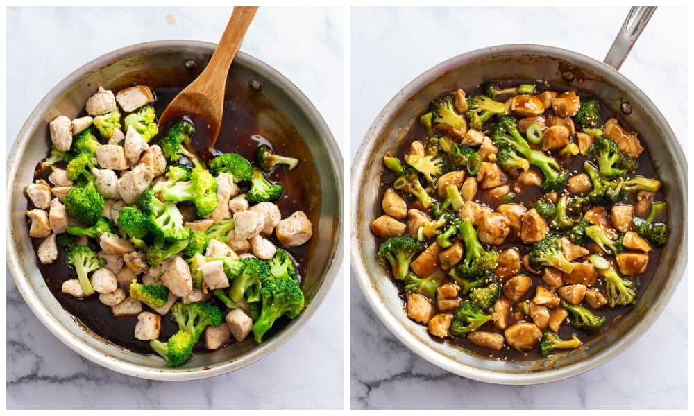 Chicken Teriyaki in a skillet with broccoli before and after being mixed into teriyaki sauce.