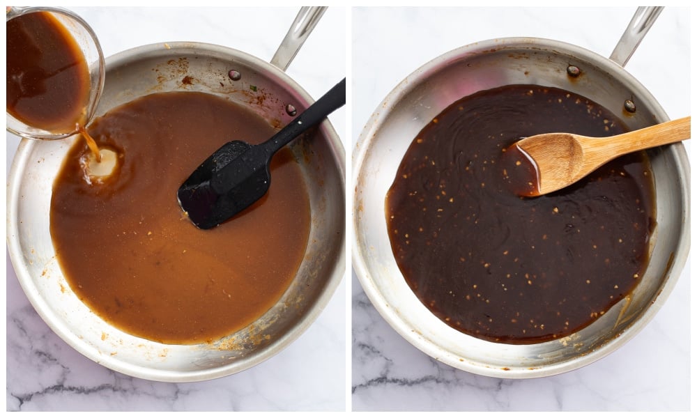 Teriyaki sauce in a skillet before and after being thickened.