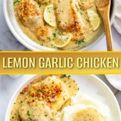 A collage of Lemon Garlic Chicken in a skillet and on a plate.