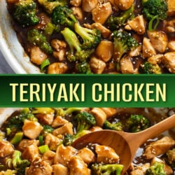 A collage of Teriyaki Chicken in a skillet and with a wooden spoon scooping it up.