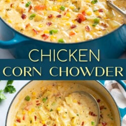 A collage of Chicken Corn Chowder in a soup pot.