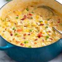 A soup pot filled with Chicken Corn Chowder with a ladle on the side.