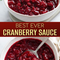 A collage of Cranberry Sauce in a white bowl with a spoon.